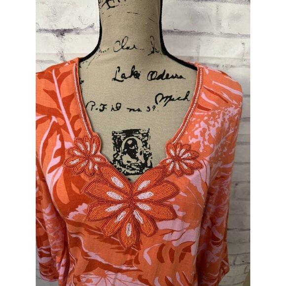 Soft Surroundings Med Tropical Palm Beaded Tunic Top Del Rio Orange resortwear - Picture 2 of 11